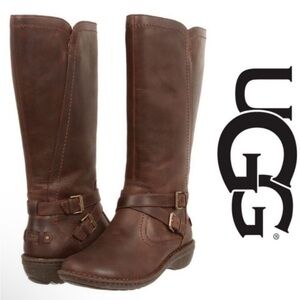 Ugg Rosen Tall Leather Riding Boots Brown Shearling Lined Side Zip Closure Sz 10